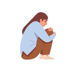 Sad depressed person in grief and despair. Unhappy upset woman in depression and frustration, sitting and hugging knees. Melancholy concept. Flat vector illustration isolated on white background - obrazy, fototapety, plakaty
