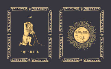 Aquarius zodiac symbol, horoscope card in vector.