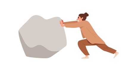 Business person pushing big stone, boulder. Persistence and ambition concept. Worker and heavy rock, struggling with problems, obstacles, and work hard. Flat vector illustration isolated on white - obrazy, fototapety, plakaty