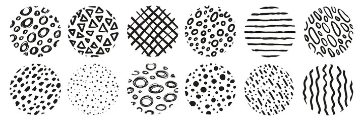 Big Set of round Abstract black Backgrounds or Patterns. Hand drawn doodle shapes. Spots, drops, curves, Lines. Contemporary modern trendy Vector illustration. Posters, Social media Icons templates