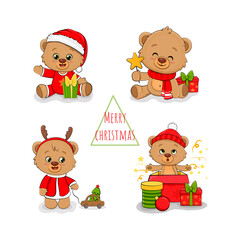 Set of cute little teddy bear with deer horns, knitted cap, scarf, gifts and toys. Christmas card. New Year. Season's Greetings. Vector illustration