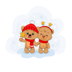 Cute cartoon teddy bears with knitted cap, scarf and stars. Christmas card. New Year. Season's Greetings. Vector illustration