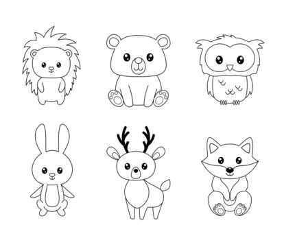 Coloring book or page for kids with forest animals. Woodland outline black and white vector illustration. Cute owl, bear, hedgehog, fox,deer, bunny isolated on white background