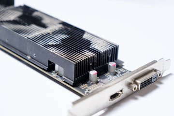 Dirty dusty graphics card in dust on a white background
