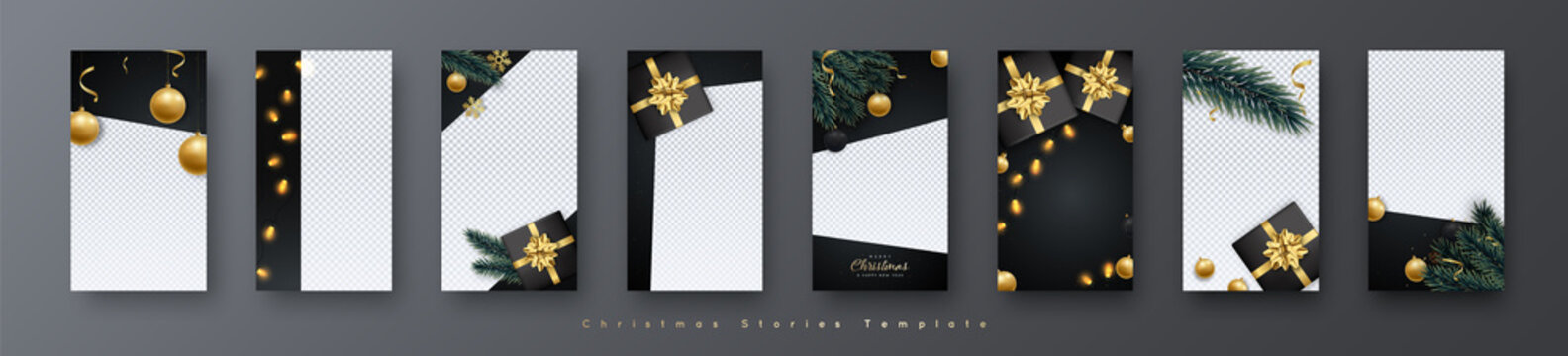 Trendy Instagram Stories template. Set of 8 Christmas pattern. Design template for social networks, instastories, vertical banner.