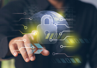 Black shirt man protecting data personal information. Cyber security network.