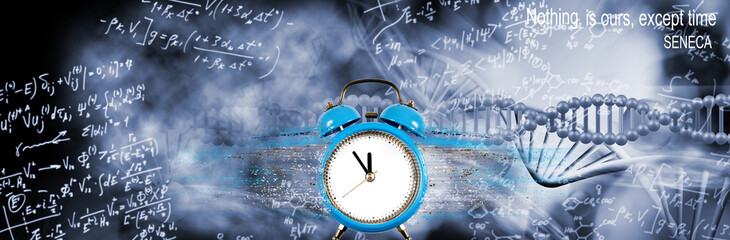 An image of a clock from which particles are separated against the background of flying DNA chains.