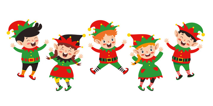 Group Of Cartoon Elfs Celebrating Christmas
