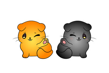 Black and Orange Kittens Showing Claws Isolated on white Background, Cartoon Animals, Children.