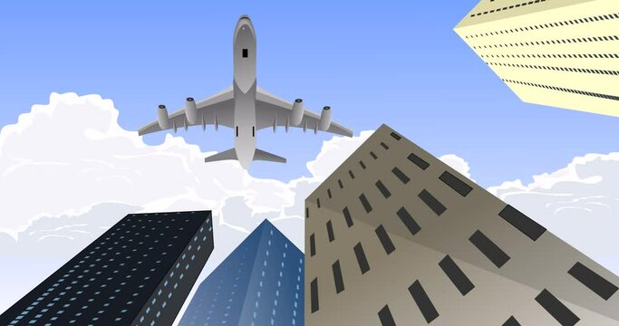 Jet plane flying above the urban buildings, view from below, 2d animation cartoon