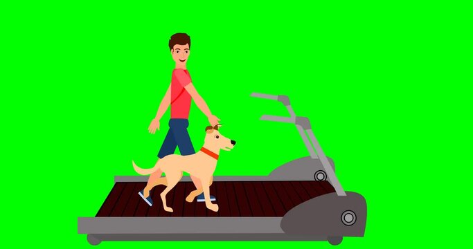 Boy and dog walking on treadmill , green screen background