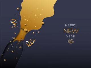 Happy New Year Font With Paper Cut Champagne Spilling From Bottle, Stars, Curl Ribbons On Golden And Blue Background.