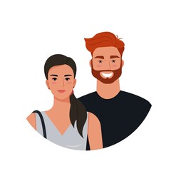 Beautiful couple, young woman and man, portraits. Vector illustration in flat style.