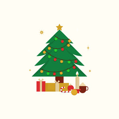 Vector Christmas Tree With Gift Boxes, Lit Candle, Candy Cane, Bauble And Coffee Cup On Beige Background.