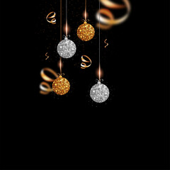 Golden And Silver Glittering Baubles Hang With Shiny Curl Ribbons On Black Background.