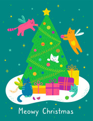 Meowy Christmas. Beautiful card with Christmas tree, cats, gift boxes. Magical cats with wings. Merry Christmas and Happy New Year design. Cute pets decorate the tree. Hand drawn vector illustration.