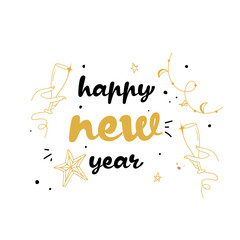 Fototapeta na wymiar Happy New Year Font With Golden Line Art Hands Holding Champagne Glasses, Stars On White Background.