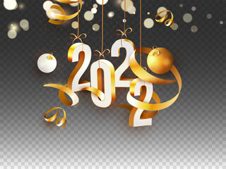 3D 2022 Number Hang With Golden Curl Ribbons, Baubles And Bokeh Light Effect On Black Png Background.