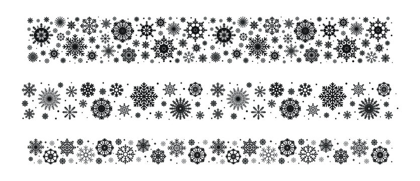 Snowflakes seamless pattern, border stripe wide and narrow. Vector illustration, flat minimal cartoon design isolated on white background, eps 10.