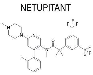 Obraz premium Netupitant drug molecule. NK1 receptor antagonist, used in combination for the prevention of nausea and vomiting induced by chemotherapy. Skeletal formula.