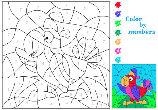 Cheerful parrot. We paint by numbers. Coloring book. An educational puzzle game for children.