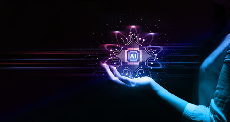 Metaverse technology concept. Business person holding data of brain digital. Artificial intelligence technology. Machine Learning business concept.	
