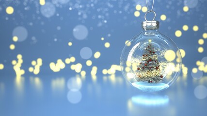Fototapeta na wymiar Weihnachtsbaum in der Christbaumkugel, im Hintergrund Bokeh Lichter