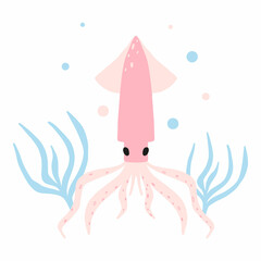 Childrens illustration of squid with seaweed. Hand drawn poster with cute squid in cartoon style. The illustrations are suitable for postcards, labels and posters for the nursery.
