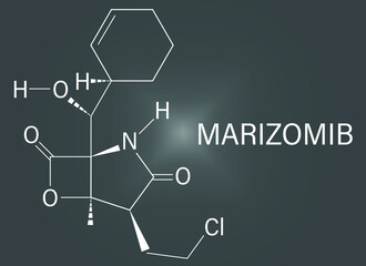 Marizomib (salinosporamide A) cancer drug molecule (proteasome inhibitor). Skeletal formula.