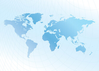 light blue background with striped blue world map and distorted grid - vector