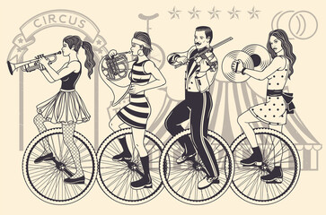 Circus Band Musicians. Circus Performer Unicycle Balance. Vector. - 472571364