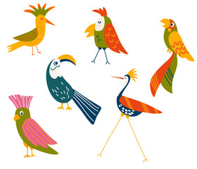 Obraz premium Tropical Birds Set. Macaws, cockatoos, parrots and toucans. exotic birds and animals characters. Vector hand draw cartoon illustration.