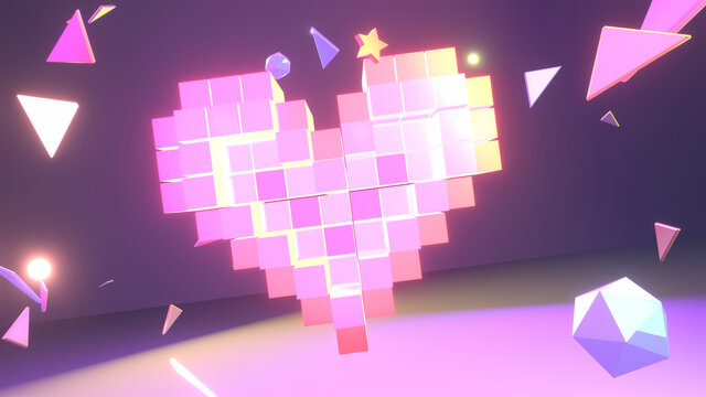 3d rendered neon voxel heart and various geometric objects.