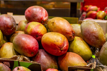 Mango in a cardboard box at a market in San José, Costa Rica, selective approach.