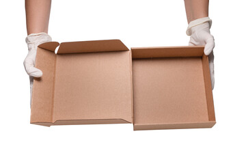 Hands in latex glowes pass carton, cardboard box