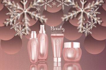 Beauty product ad design, pink cosmetic containers with holiday concept advertising background ready to use, luxury skin care banner, illustration vector.
