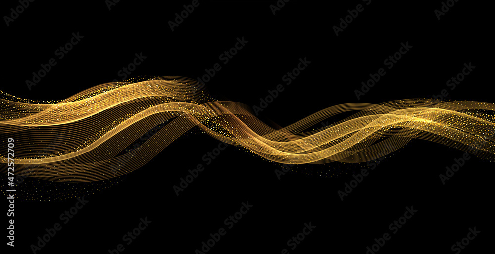Poster Abstract Gold Waves. Shiny golden moving lines design element with glitter effect on dark background for greeting card and disqount voucher.