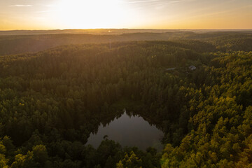 Aerial summer day view in sunny Green lakes forest