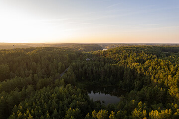 Fototapeta na wymiar Aerial summer day view in sunny Green lakes forest