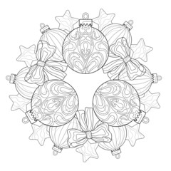 Christmas wreath or mandala of balls with patterns, bows and stars on a white isolated background. For coloring book pages.