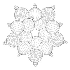 Winter mandala of Christmas balls with different patterns on a white isolated background. For coloring book pages.