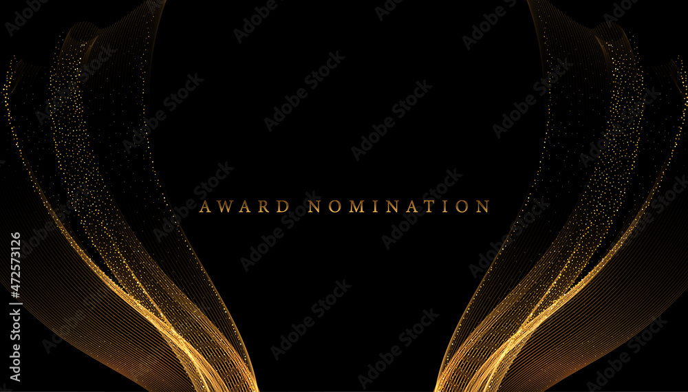 Poster Abstract Gold Waves. Shiny golden moving lines design element with glitter effect on dark background for greeting card and disqount voucher.