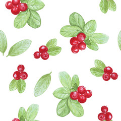 seamless pattern forest red berries lingonberry with leaves isolated on white background, for textile, background, paper scrapbooking or packaging, textile, fabric