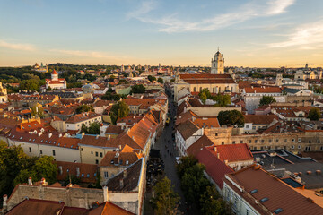 Aerial summer evening sunset view in sunny Vilnius oldtown