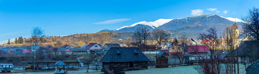 Panoramic view of mountains from Old village museum in Kolochava, Ukraine on January 2, 2021.