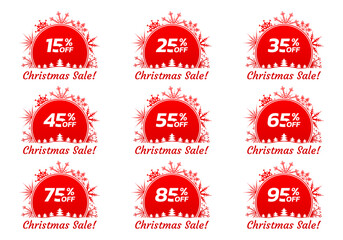 Christmas sale icon, label or banner set. Xmas discount promotion poster or card template with snowflakes. 15,25,35,45,55,65,75,85,95 percent price off. Vector illustration.