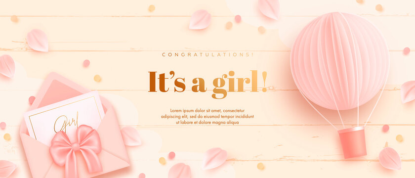 Baby shower horizontal banner with cartoon hot air balloon, envelope and petals on beige wooden background. It's a girl. Vector illustration