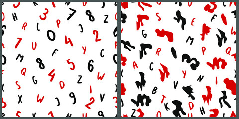 Fototapeta na wymiar Set of vector seamless patterns. Abstract black and red shapes, spots, alphabet, numbers on a white isolated background. 