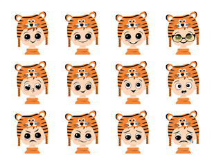 Set of children avatar with big eyes and wide smile and different emotions in tiger hat. Cute kid with joyful or sad face in festive costume for new year and Christmas