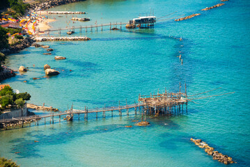 Beautiful sea coast with fishing nets in summer, panoramic coastal view